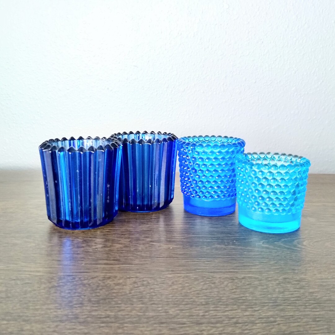 Vintage Blue Candle Holders Hobnail Glass Votive Set Mixed Vintage Blue