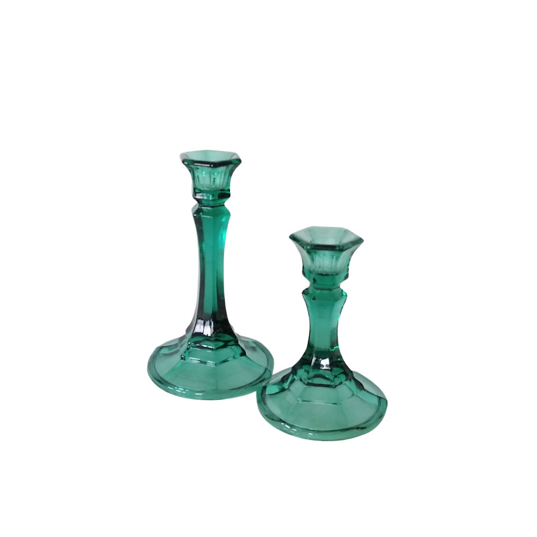 Vintage Green Glass Candlesticks Emerald Green Glass Single Etsy