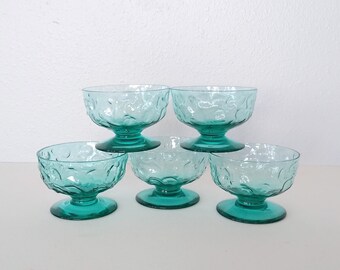 Vintage Milano Aquamarine Coupe Glasses -  Anchor Hocking - Sundae Glasses - Dessert Glasses - Crinkled Glass - Vintage Glassware