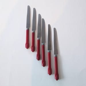 Set of Six Red Bakelite Handle Butter Knives - Vintage Stainless Steel Butter Knives with Red Bakelite Handles