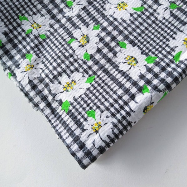 Vintage Black & White Floral Seersucker Fabric -  Seersucker Fabric with White Flowers - 46" wide - 2 Yard Length