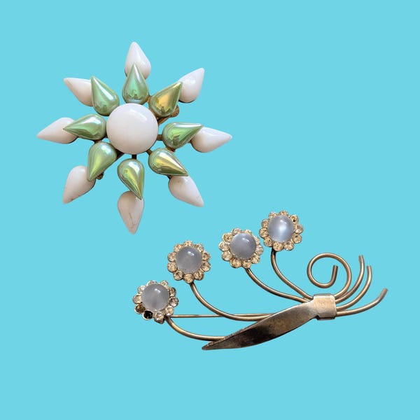Vintage Floral Brooch - Rhinestone Flower Spray or Milk Glass Starburst