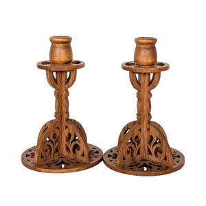 Vintage Carved Wood Scrollwork Candlesticks - Wood Candle Holders
