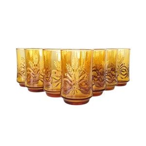 Vintage Libbey Amber Juice Glasses with Wheat Pattern - Gold Bounty Retro Glasses
