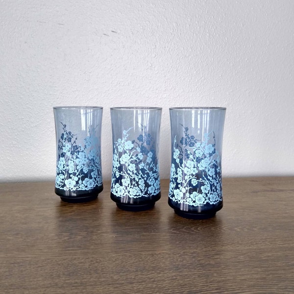 Vintage Libbey Blue Floral Drinking Glasses - Cherry Blossoms - Set of Three - Vintage Glassware