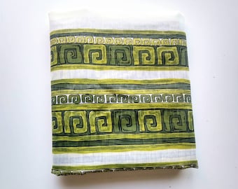 Vintage Organdy Fabric with Stylized Green Greek Key Design - Midcentury Fabric