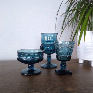 1970s c Set of 5 Mid-Century Vintage Blue Glass Cordial Glasses 1950s 4 38 Tall King's Crown Thumbprint