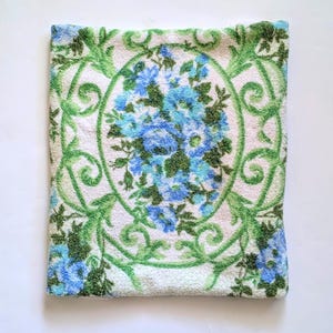 Vintage Bath Towel with Pretty Green & Blue Floral Pattern