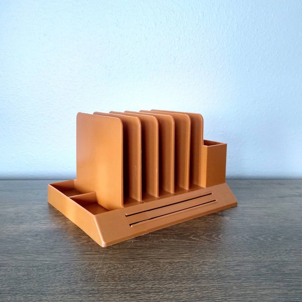 Vintage Max Klein Desk Organizer - Caramel Deep Ochre 5-Slot Plastic Desk Organizer and Pen Holder- Letter Sorter