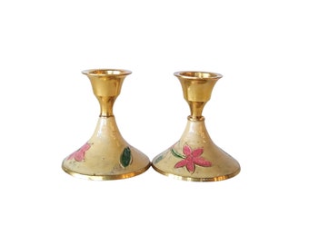 Set of 2 Vintage Brass and Enamel Cloisonne Candlesticks - Vintage Brass Taper Candle Holders - New Old Stock
