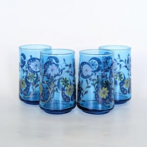 Vintage Anchor Hocking Blue Floral Juice Glasses - Colored Glassware