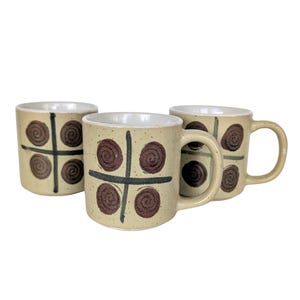 Vintage Stoneware Coffee Mugs with Brown Polka Dots