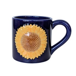 1990s Papel Sunflower Mug: Vintage Blue Ceramic Coffee Cup