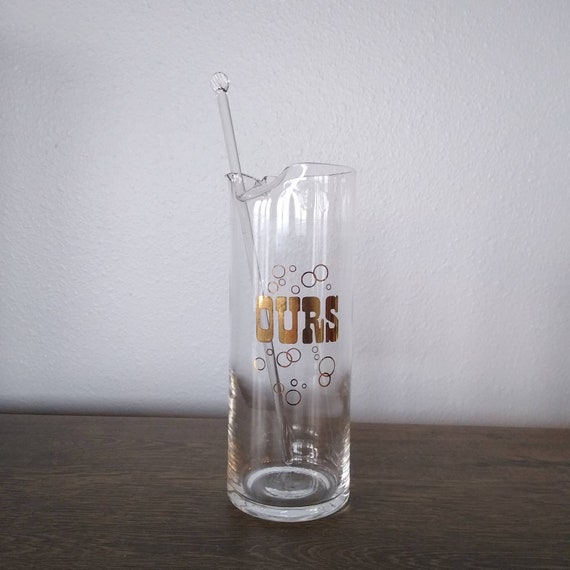 Vintage Glass Cocktail Pitcher With Glass Stirrer and Gold 