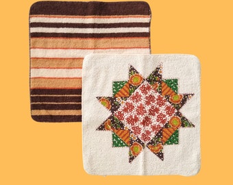 Vintage Cottagecore Waschcloth Set in Earth Tone Warm Shades - Striped - Quilt Pattern - Vintage Bath Towels