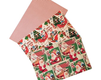May include: Two sheets of Christmas-themed wrapping paper. One sheet features a red and white striped pattern. The other has a repeating pattern of Santa Claus, Christmas trees, and the words "Merry Christmas" in a vintage style.