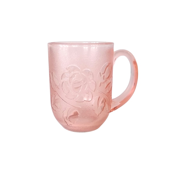 Arcoroc Rosaline Pink Glass Mug with Raised Floral Design - Vintage Pink Glass Coffee Mug