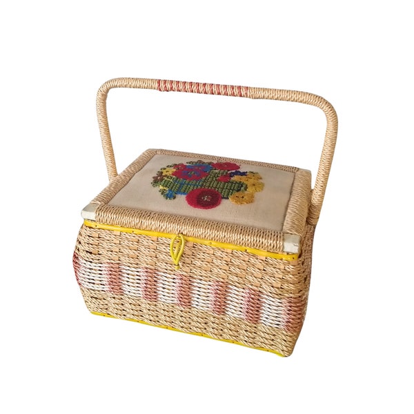 Vintage JC Penney Wicker Sewing Basket with Floral Embroidered Lid - Retro Sewing Basket