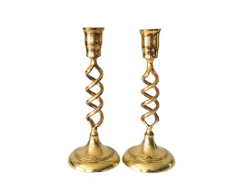 Pair of Vintage Brass Barley Twist Candlesticks - Vintage Brass Candle Holders