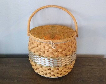Large Vintage Wicker Sewing Basket with Flocked Velvet Damask Lid and Handle - Sewing Storage