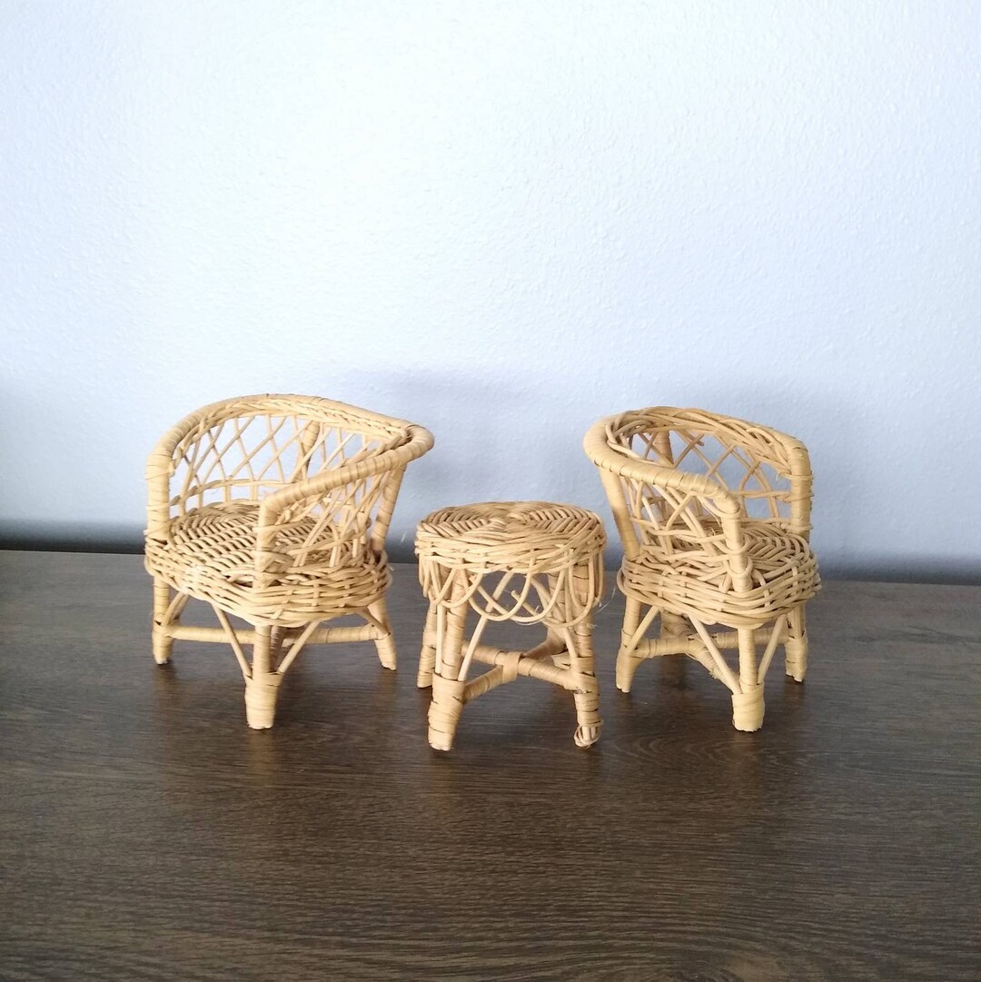 Vintage Wicker Doll Furniture Set Loveseat Chair Stool Three Pieces Etsy