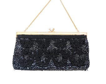 Vintage Black Beaded Evening Bag with Sequins and Mother of Pearl Inlay