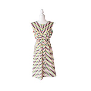 1970s Vintage Sleeveless Belted Midi Dress with Diagonal Stripe Print - Vintage Dress