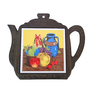 Vintage Teapot Shaped Cast Iron Trivet with Colorful Ceramic Tile