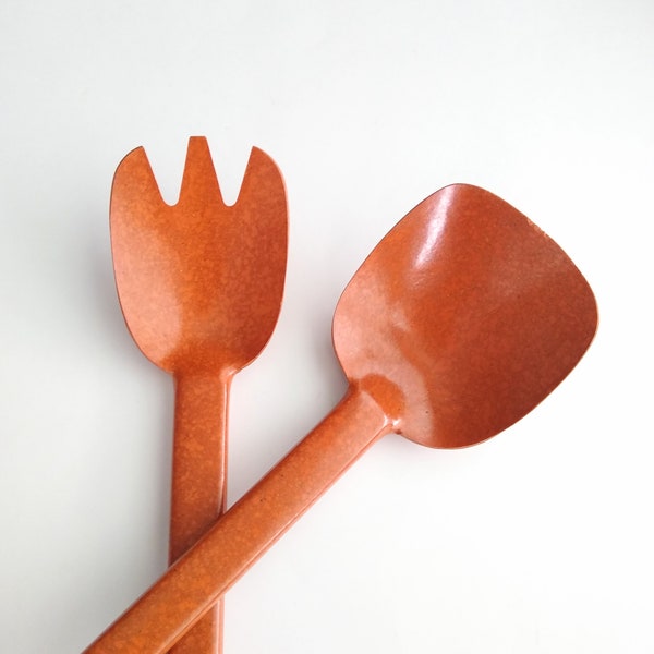 MCM Vintage Fleetwood Melmac Melamine Salad Servers - Mottled Burnt Orange - Vintage Serving Utensils