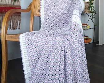 Intricate Handmade Vintage Floral Crochet Bedspread Coverlet and Dresser Scarf Purple Pink