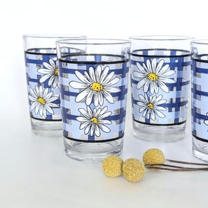 Vintage Juice Glasses with Blue and White Daisy & Plaid Pattern