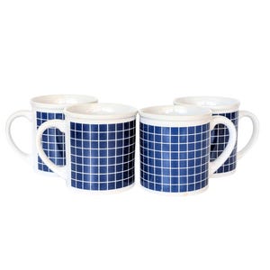Vintage 1980s Coffee Mugs with Blue & White Postmodern Grid Design