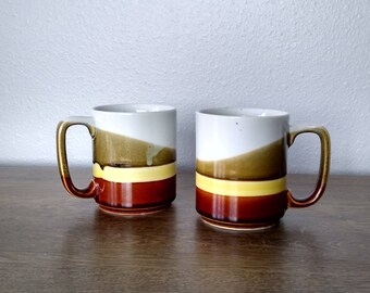 Vintage Brown Ombre Drip Glaze Mugs - Earth Tone Ombre Stoneware Coffee Mugs