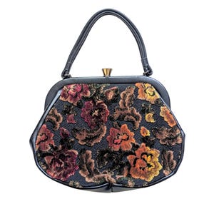 Vintage Tapestry Handbag with Floral Design - Black Chenille