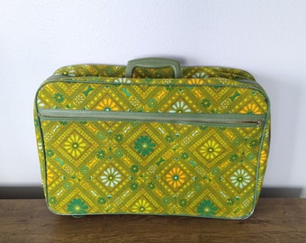 Vintage Floral Fabric Suitcase with Flower Power Pattern - Travel Bag - Groovy Green Mid Mod Pattern