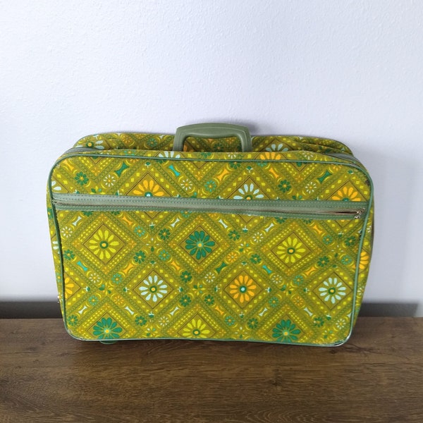 Vintage Floral Fabric Suitcase with Flower Power Pattern - Travel Bag - Groovy Green Mid Mod Pattern