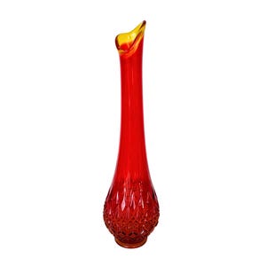 Vintage Fenton Swung Glass Vase - Olde Virginia Amberina Flame Fine Cut & Block