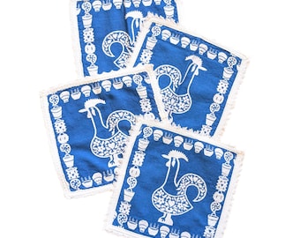 Vintage Scandinavian Cloth Napkins with Folk Art Stylized Rooster Design - Set of 4