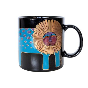 Vintage Laurel Burch Lion Coffee Mug: Black Ceramic with Gold Accents