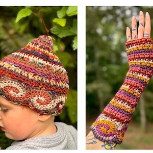 Könnte beinhalten: Eine gehäkelte Mütze und ein Paar passende fingerlose Armstulpen mit einem mehrfarbigen Garnmuster in Orange-, Lila-, Gelb- und Brauntönen, mit einem markanten, spiralförmigen oder wellenartigen Texturdesign an den unteren Rändern.