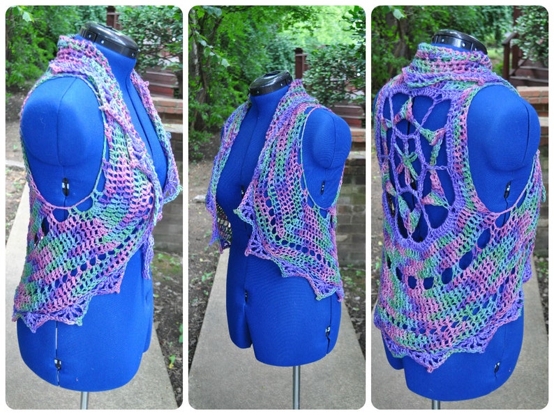 May include: A crocheted vest with a colorful, multi-colored design. The vest has a unique open back design and a scalloped hem.