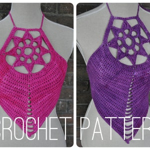 May include: Two crochet halter tops, one pink and one purple, with a star-shaped design in the center. CROCHET PATTERN is written in white text at the bottom of the image.