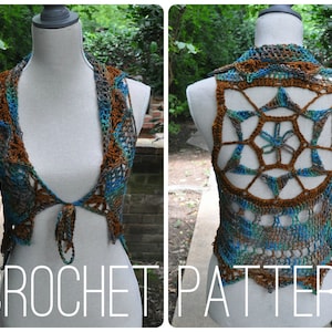 May include: Crochet pattern for a brown and blue vest with a geometric design. The vest is open in the front and has a tie closure. The back of the vest has a large, openwork design.