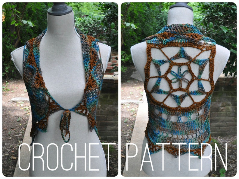 May include: Crochet pattern for a brown and blue vest with a geometric design. The vest is open in the front and has a tie closure. The back of the vest has a large, openwork design.