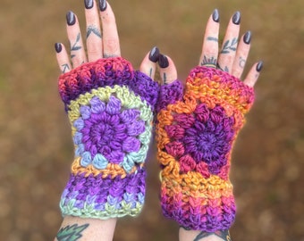 Crochet Pattern - Flower Power Fingerless Mitts // Fingerless Gloves