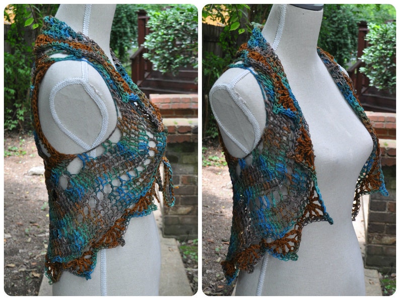 May include: A crocheted vest with a brown, blue, and green color pattern. The vest has a V-neck and a scalloped hem.