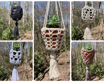 Patroon gehaakte hangende plantenbak – 5 boho-ontwerpen met kwastjes (pdf-patroon)