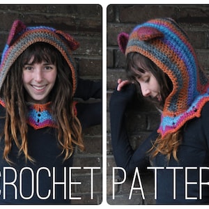May include: A crochet hooded cowl with ear flaps in shades of orange, blue, and gray. The cowl has a scalloped edge and is worn by a person with long brown hair. CROCHET PATTERN is written in white text at the bottom of the image.