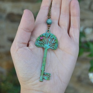 Key to the Secret Garden necklace, apple tree necklace green key necklace with jade stone gardener jewelry forest key necklace gardener gift image 1