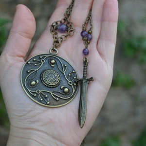 Shield maiden necklace Viking jewelry set sword necklace shield necklace bronze garnet or amethyst viking necklaces